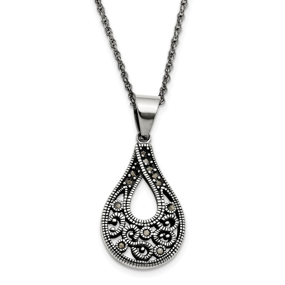 Marcasite Teardrop Necklace in Antiqued Stainless Steel, 20 Inch, Item N10379 by The Black Bow Jewelry Co.