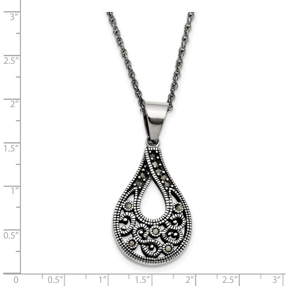 Alternate view of the Marcasite Teardrop Necklace in Antiqued Stainless Steel, 20 Inch by The Black Bow Jewelry Co.