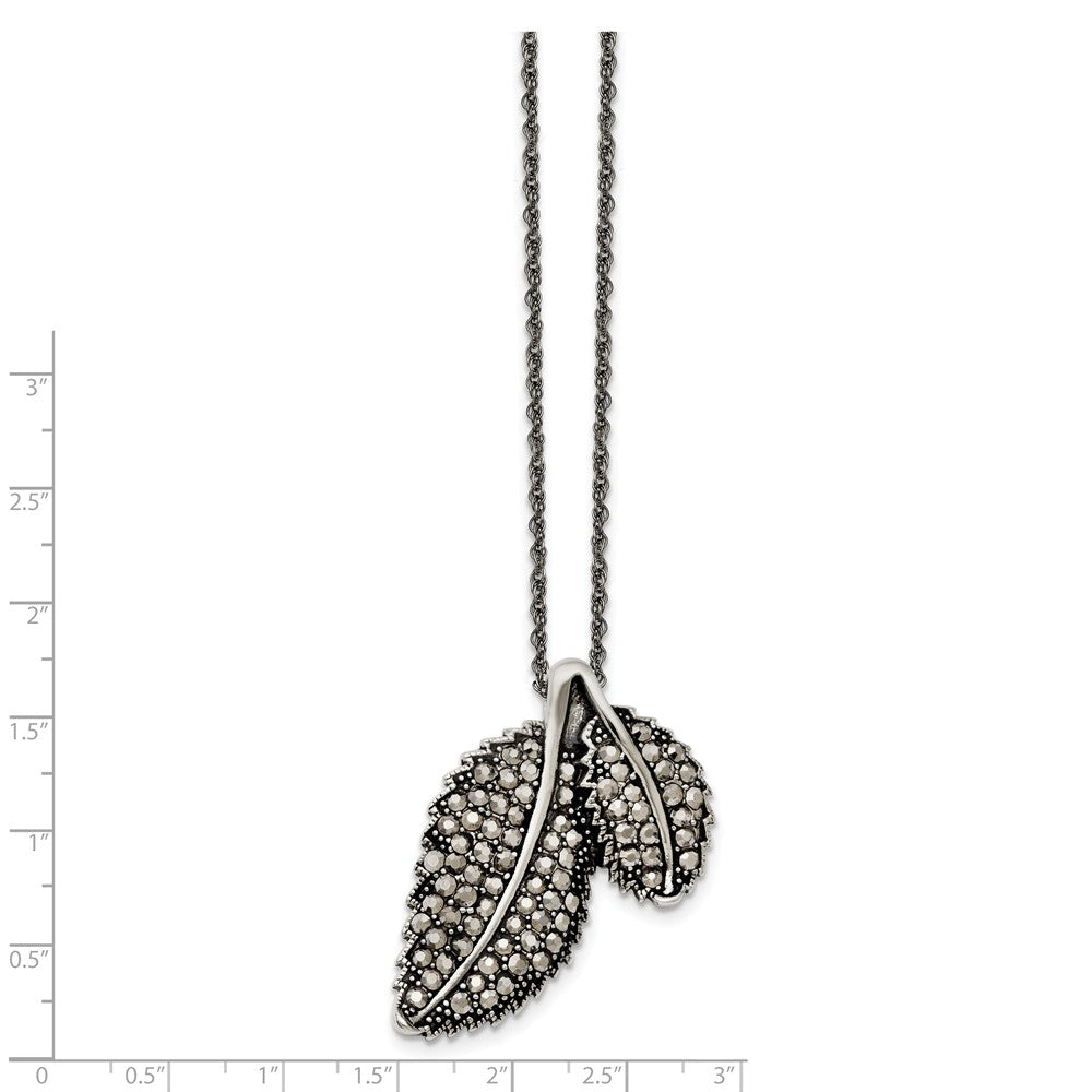Alternate view of the Marcasite Leaf Necklace in Antiqued Stainless Steel, 20 Inch by The Black Bow Jewelry Co.