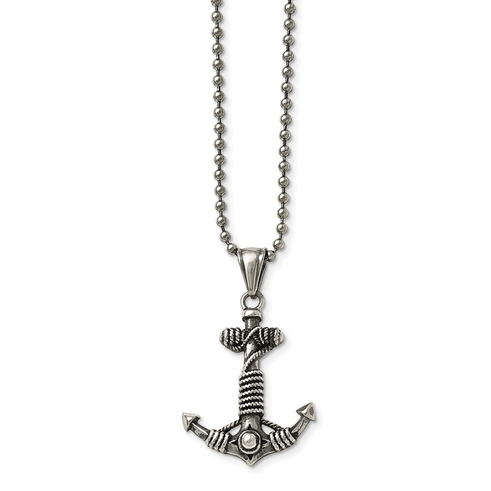Antiqued Anchor Necklace in Stainless Steel, 24 Inch - The Black Bow ...