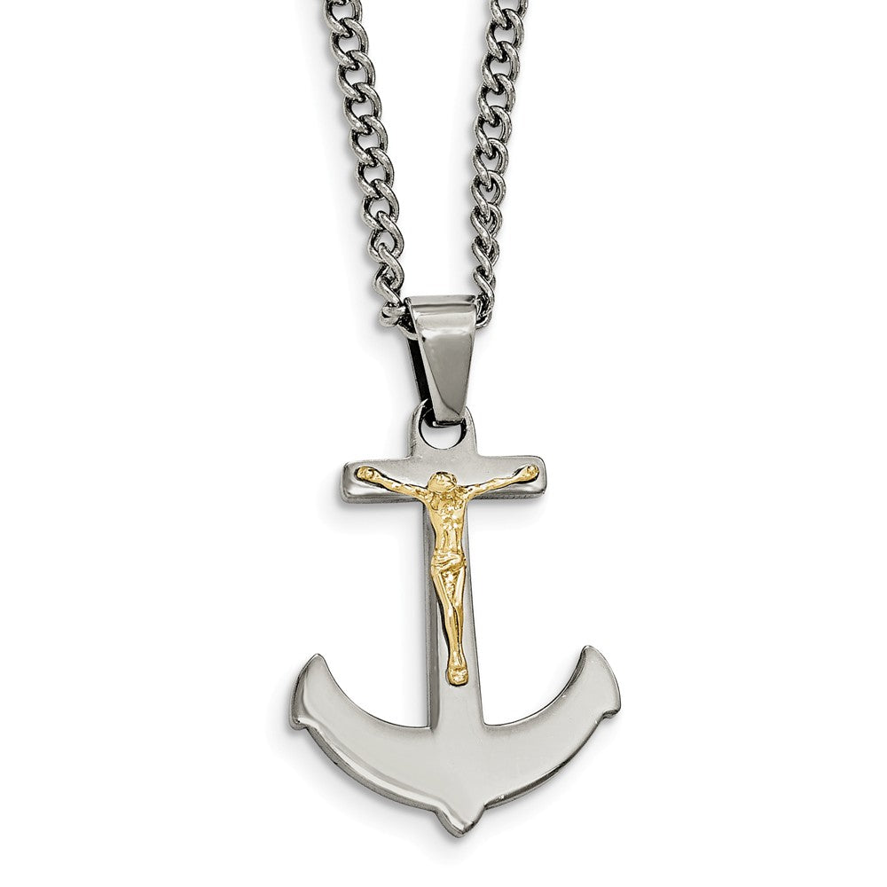 Crucifix Anchor Necklace in Stainless Steel &amp; 14k Gold Plating, 24 in, Item N10390 by The Black Bow Jewelry Co.