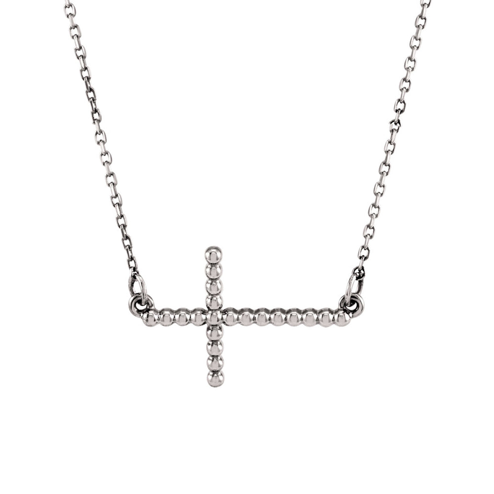 15.5mm Sideways Beaded Cross Necklace in 14k White Gold, 16.5 Inch, Item N10427 by The Black Bow Jewelry Co.