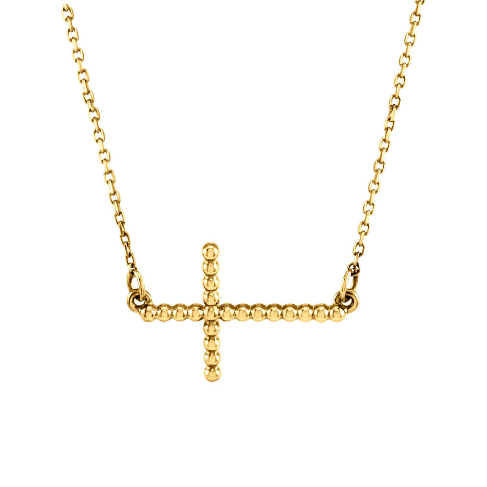 15.5mm Sideways Beaded Cross Necklace in 14k Yellow Gold, 16.5 Inch, Item N10429 by The Black Bow Jewelry Co.