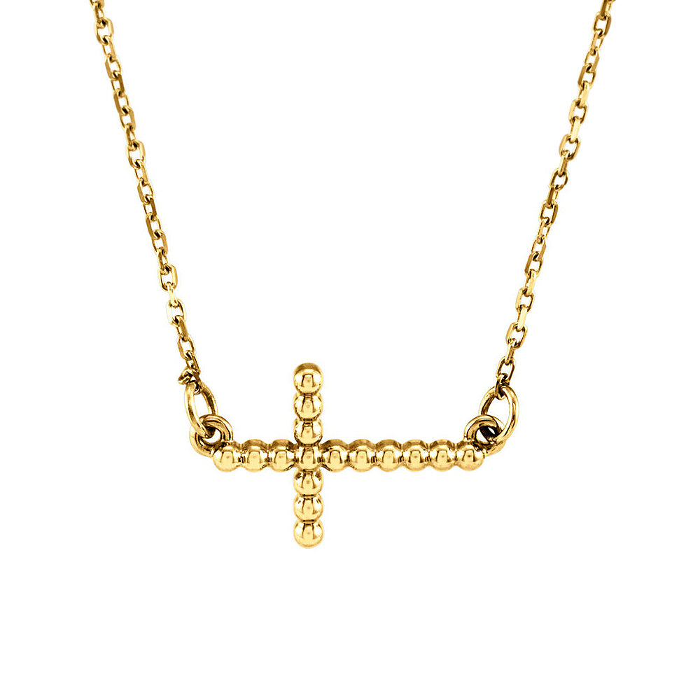 19.5mm Sideways Beaded Cross Necklace in 14k Yellow Gold, 16.5 Inch, Item N10430 by The Black Bow Jewelry Co.