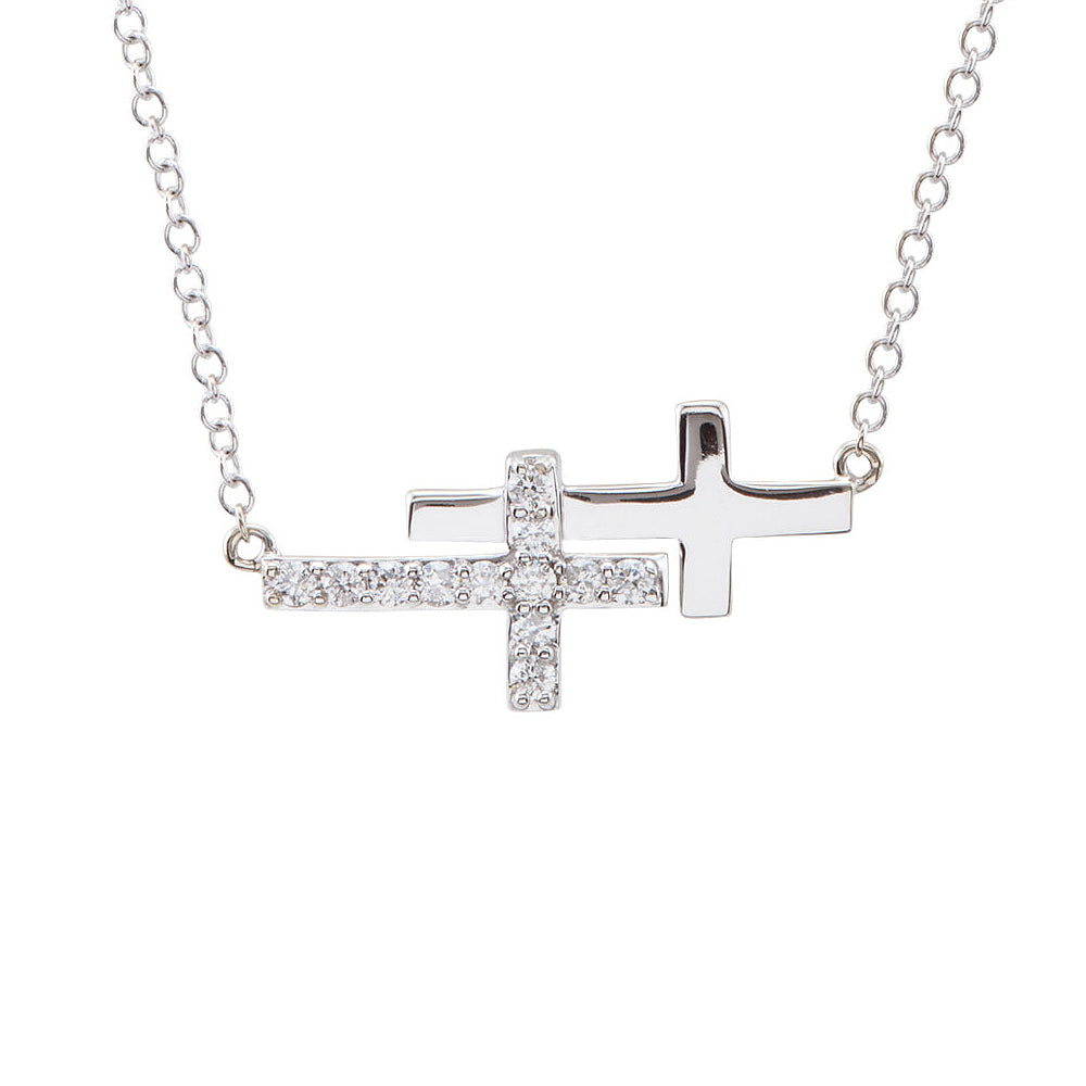 Alternate view of the Diamond Double Sideways Cross Necklace in 14k White Gold, 18 Inch by The Black Bow Jewelry Co.