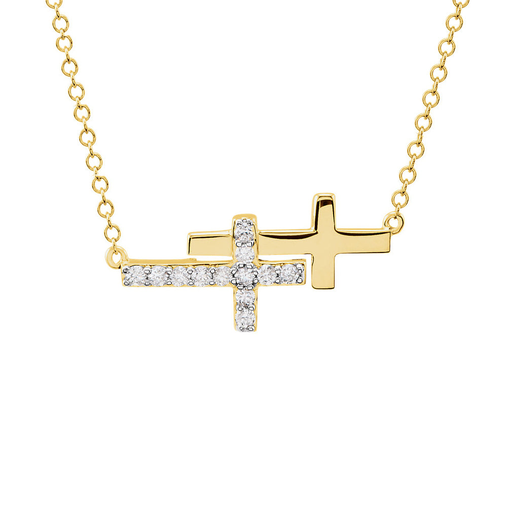 Diamond Double Sideways Cross Necklace in 14k Yellow Gold, 18 Inch