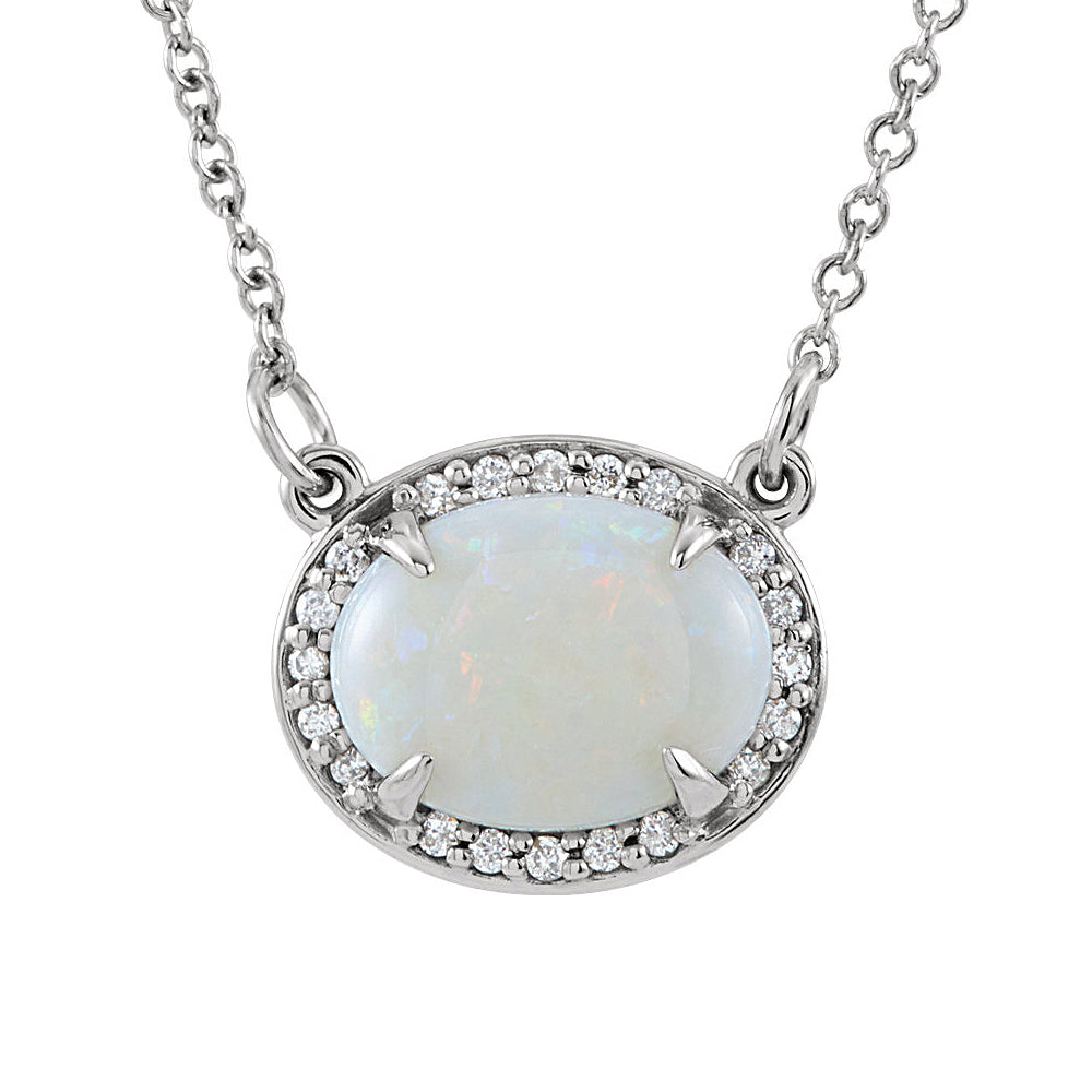 Oval White Opal &amp; .05 Ctw Diamond 14k White Gold Necklace, 16.5 Inch, Item N10459 by The Black Bow Jewelry Co.