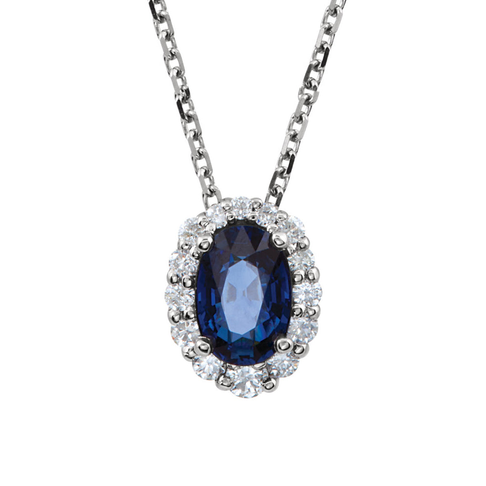 Oval Blue Sapphire &amp;1/6 Ctw Diamond Halo 14k White Gold Necklace 18 In, Item N10488 by The Black Bow Jewelry Co.