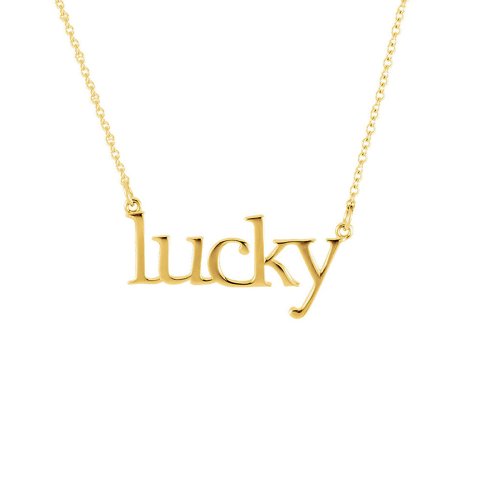 Lucky Script Necklace in 14k Yellow Gold, 16.25 Inch, Item N10511 by The Black Bow Jewelry Co.