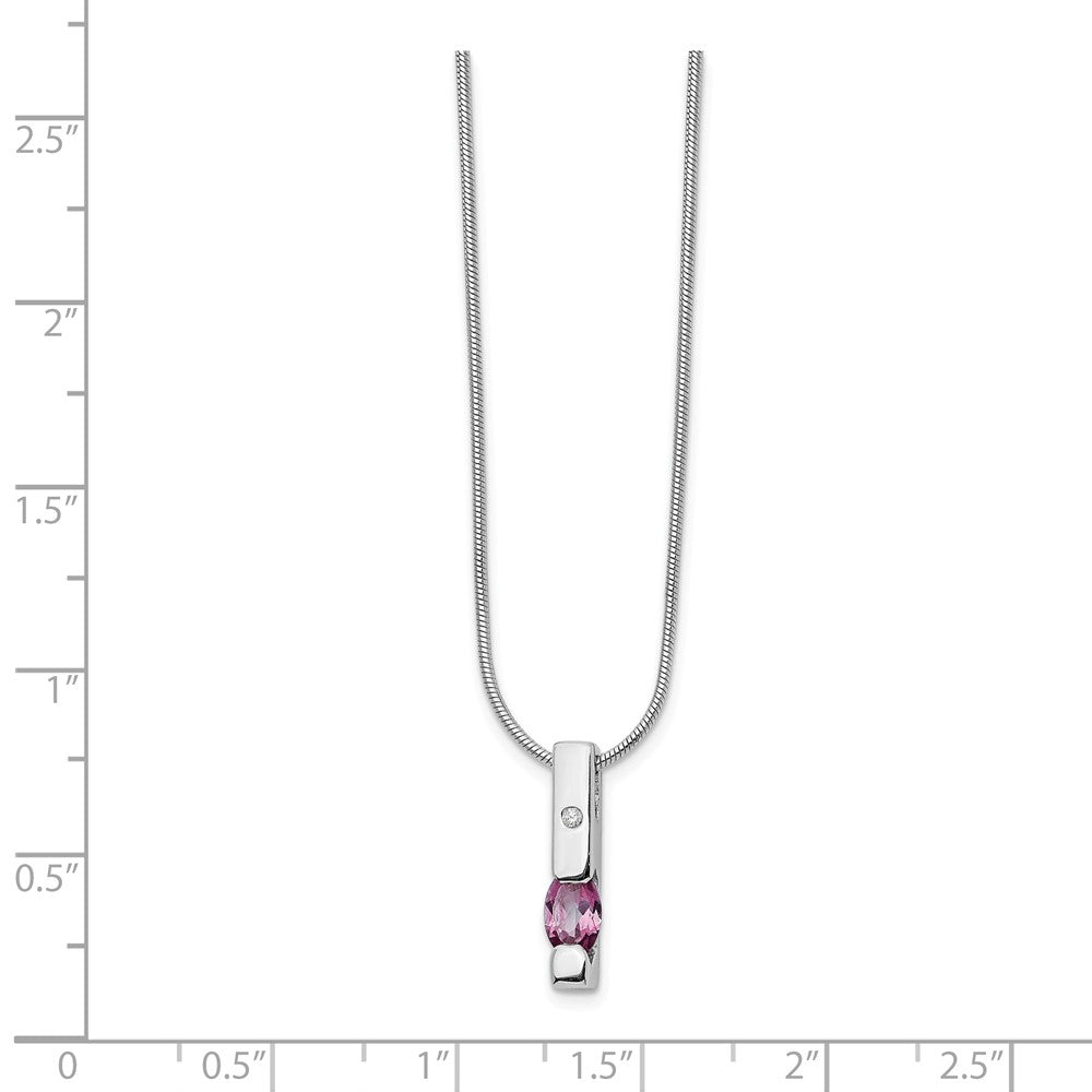 Alternate view of the Pink Topaz &amp; 2pt Diamond Vertical Bar Rhodium Plated Silver Necklace by The Black Bow Jewelry Co.