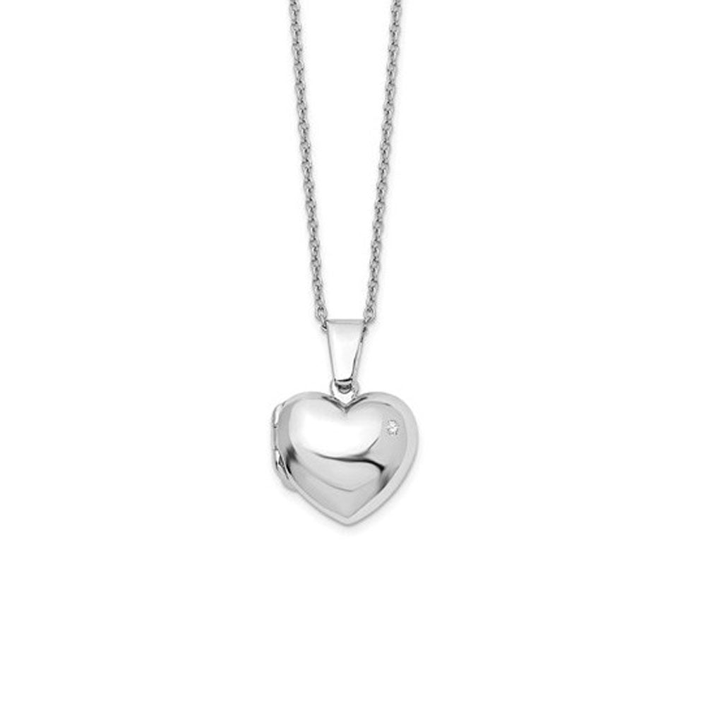 17mm Diamond Heart Locket Necklace, Rhodium Plated Silver, 18-20 Inch, Item N10625 by The Black Bow Jewelry Co.