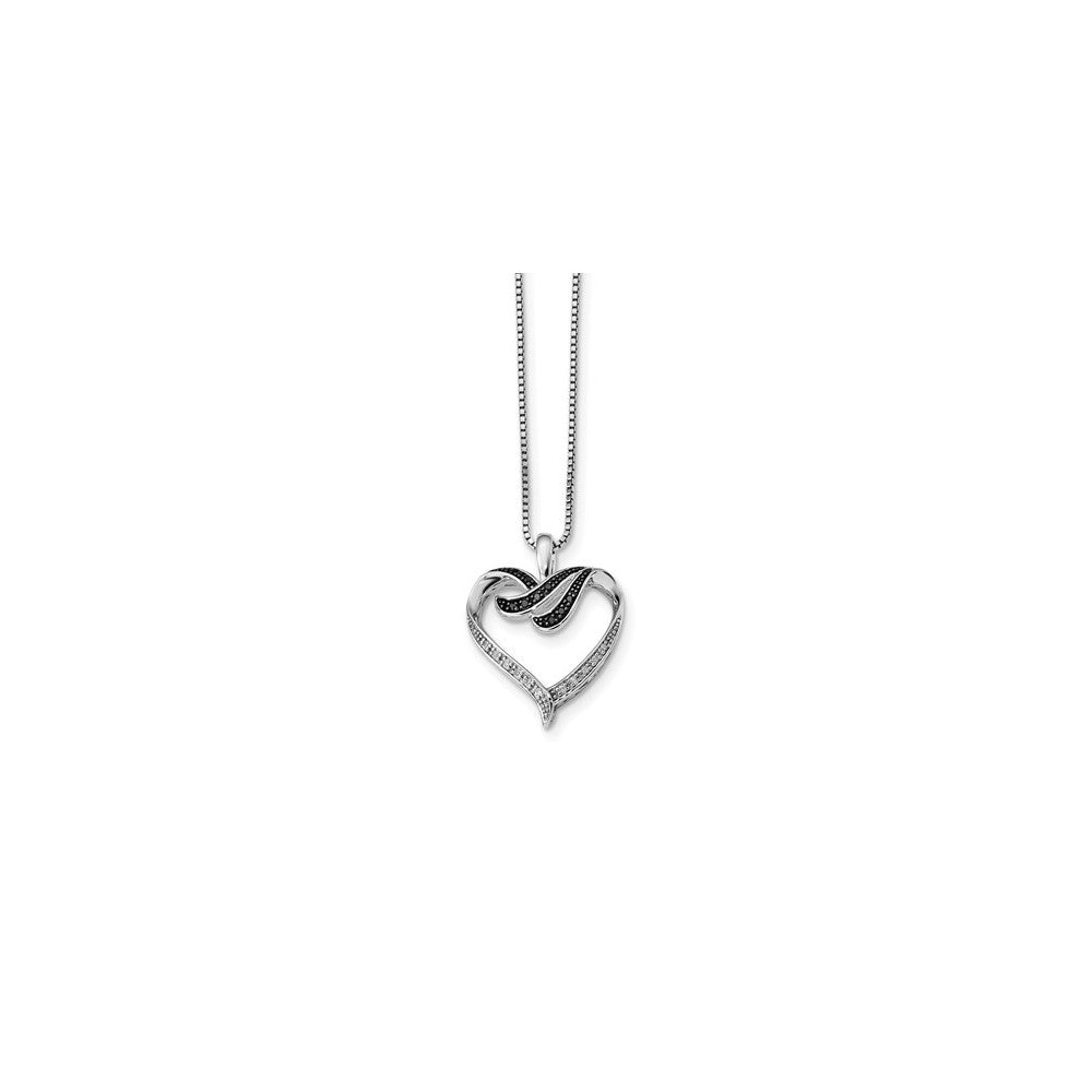 Black &amp; White Diamond 22mm Ribbon Heart Necklace in Sterling Silver, Item N10766 by The Black Bow Jewelry Co.
