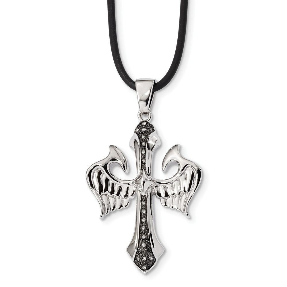 Black Diamond Sterling Silver Cross with Wings &amp; Rubber Cord Necklace, Item N10880 by The Black Bow Jewelry Co.