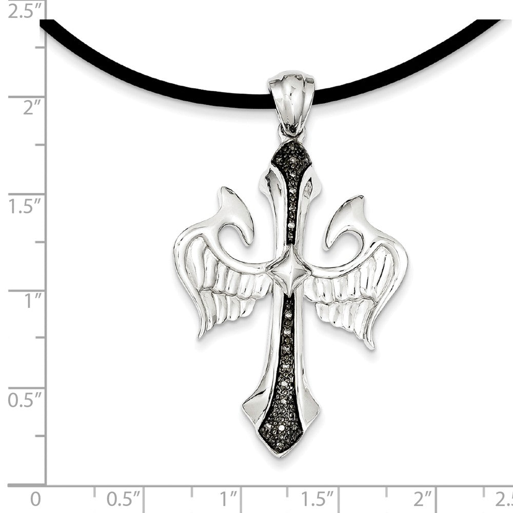 Alternate view of the Black Diamond Sterling Silver Cross with Wings &amp; Rubber Cord Necklace by The Black Bow Jewelry Co.