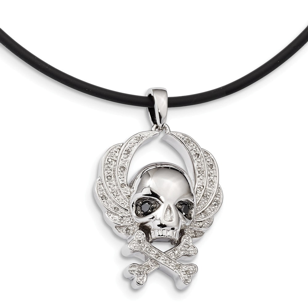 Black &amp; White Diamond Sterling Silver Skull &amp; Crossbones Cord Necklace, Item N10883 by The Black Bow Jewelry Co.