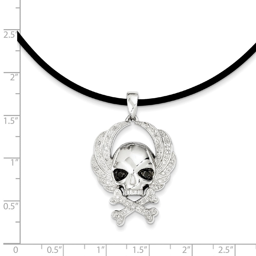 Alternate view of the Black &amp; White Diamond Sterling Silver Skull &amp; Crossbones Cord Necklace by The Black Bow Jewelry Co.