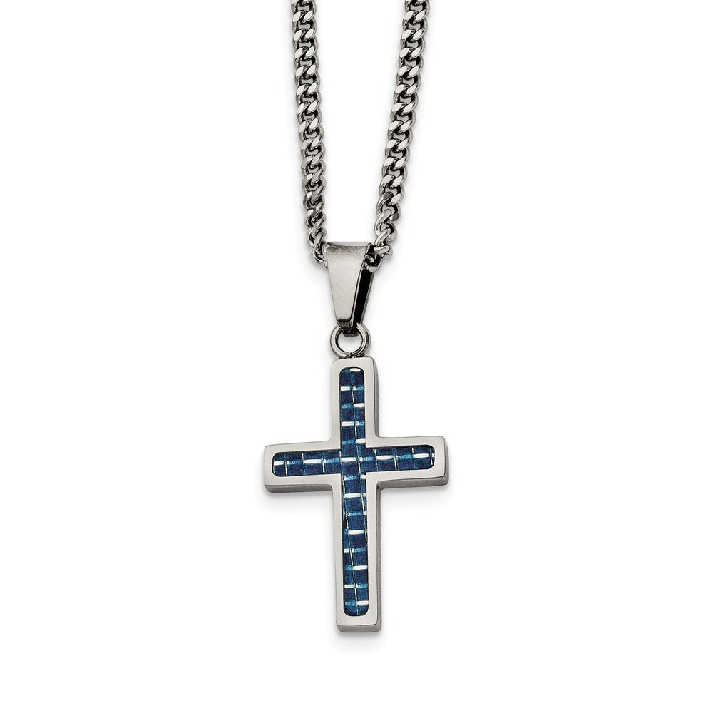 Stainless Steel &amp; Blue Carbon Fiber Small Cross Necklace, 20 Inch, Item N10886 by The Black Bow Jewelry Co.