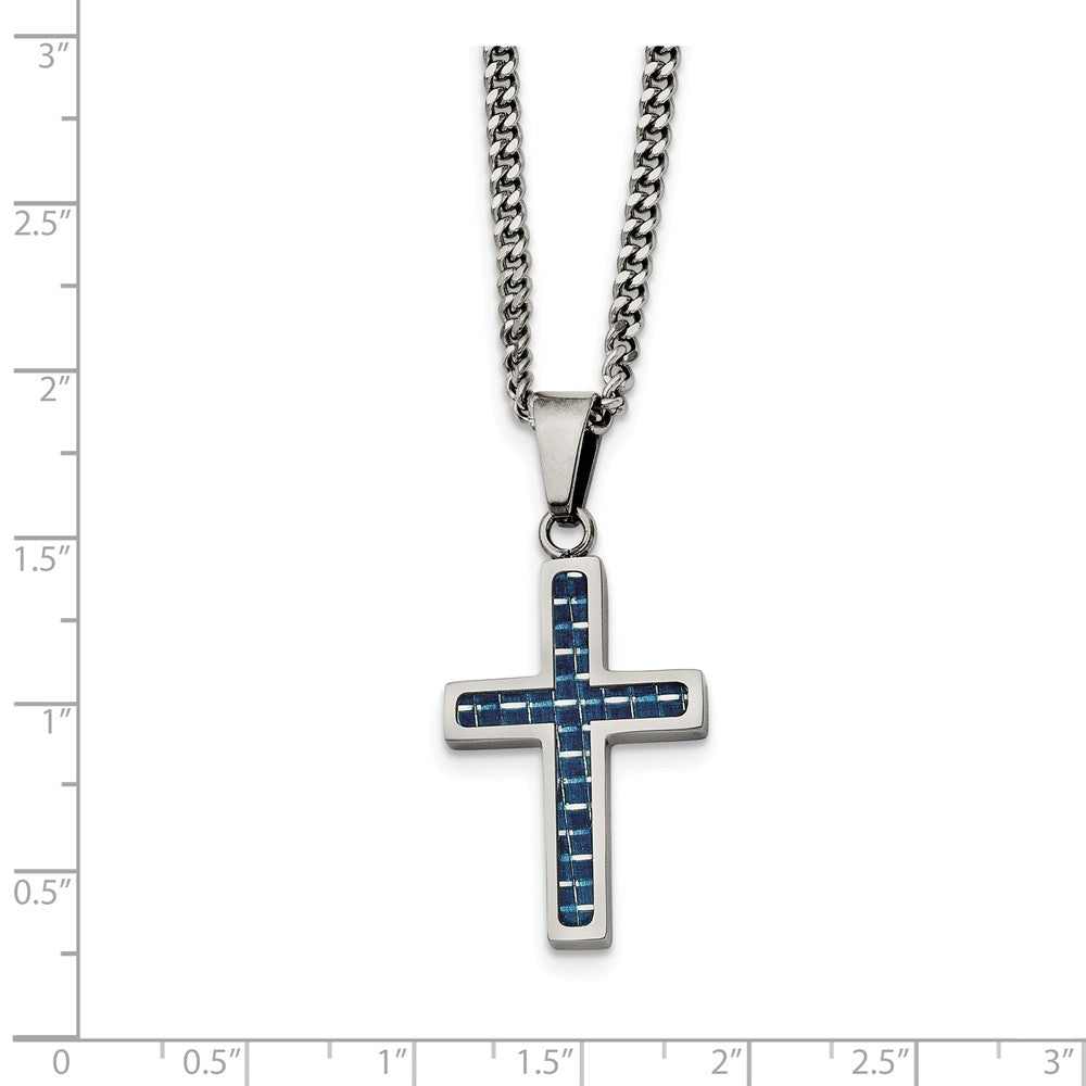 Alternate view of the Stainless Steel &amp; Blue Carbon Fiber Small Cross Necklace, 20 Inch by The Black Bow Jewelry Co.