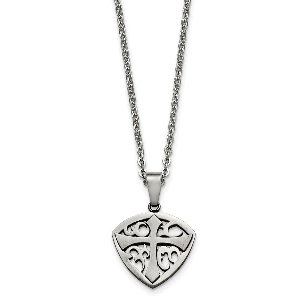 Polished and Brushed Shield Cross Necklace in Stainless Steel, 20 Inch, Item N10901 by The Black Bow Jewelry Co.