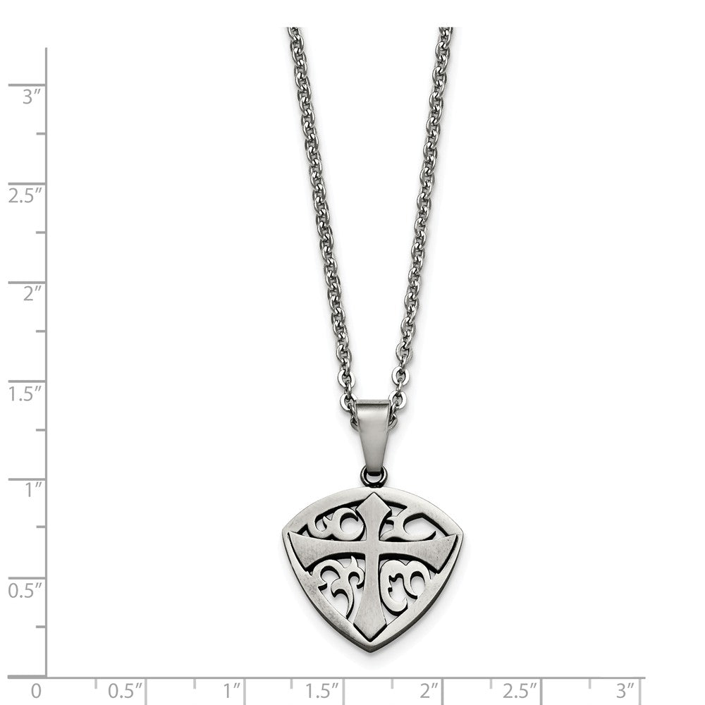 Alternate view of the Polished and Brushed Shield Cross Necklace in Stainless Steel, 20 Inch by The Black Bow Jewelry Co.
