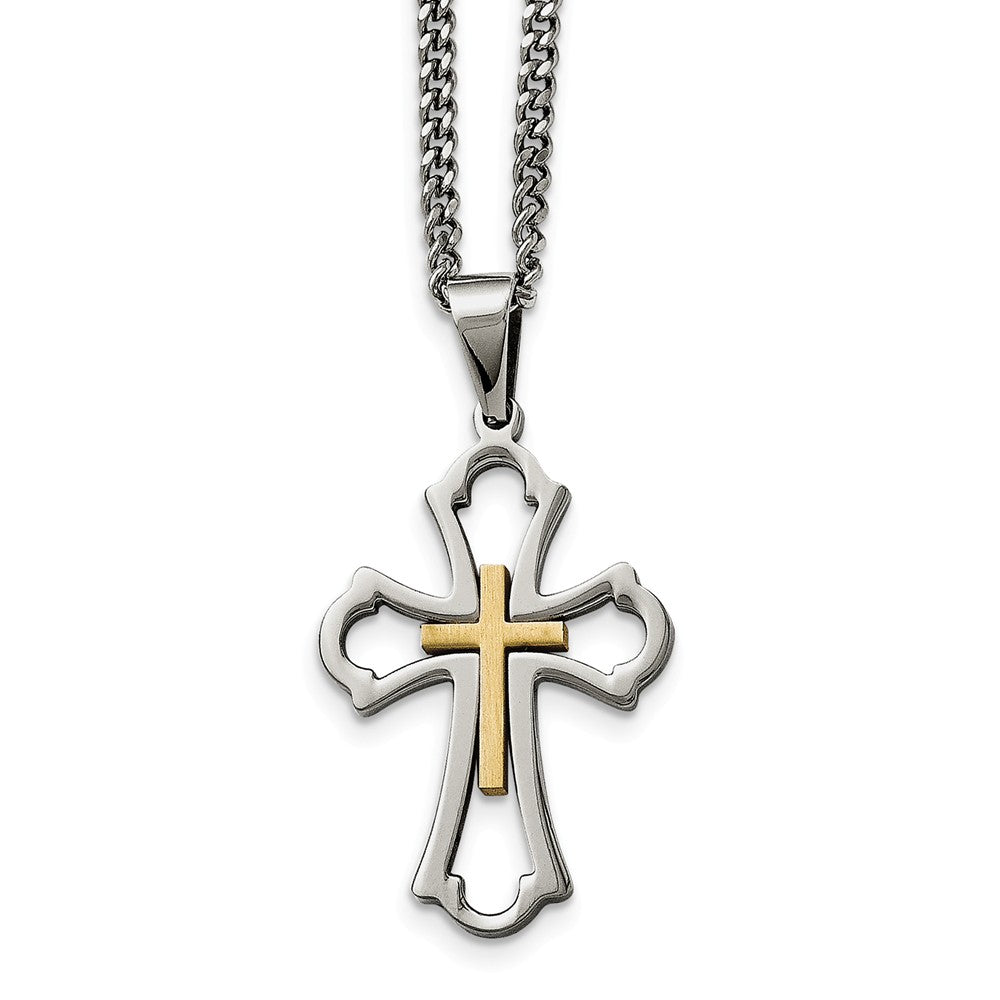 Polished &amp; Brushed Stainless Steel &amp; Gold Tone Cross Necklace, 22 Inch, Item N10904 by The Black Bow Jewelry Co.