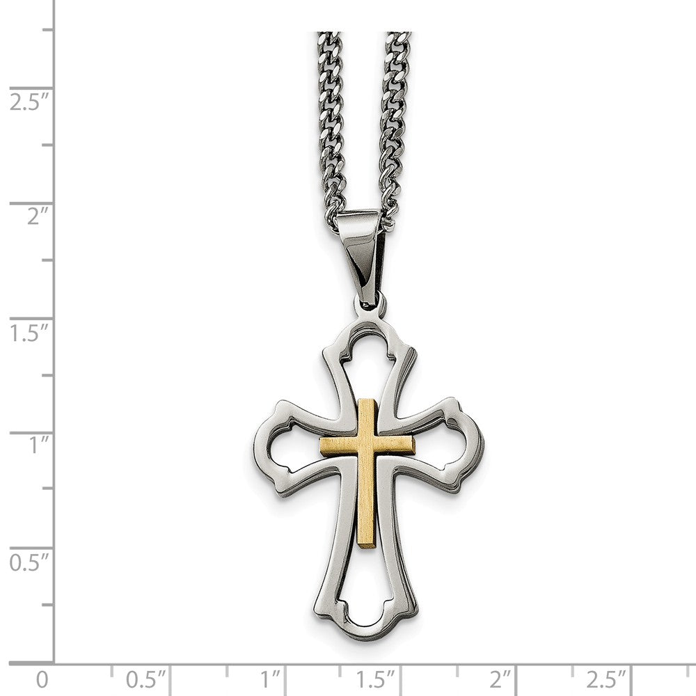 Alternate view of the Polished &amp; Brushed Stainless Steel &amp; Gold Tone Cross Necklace, 22 Inch by The Black Bow Jewelry Co.