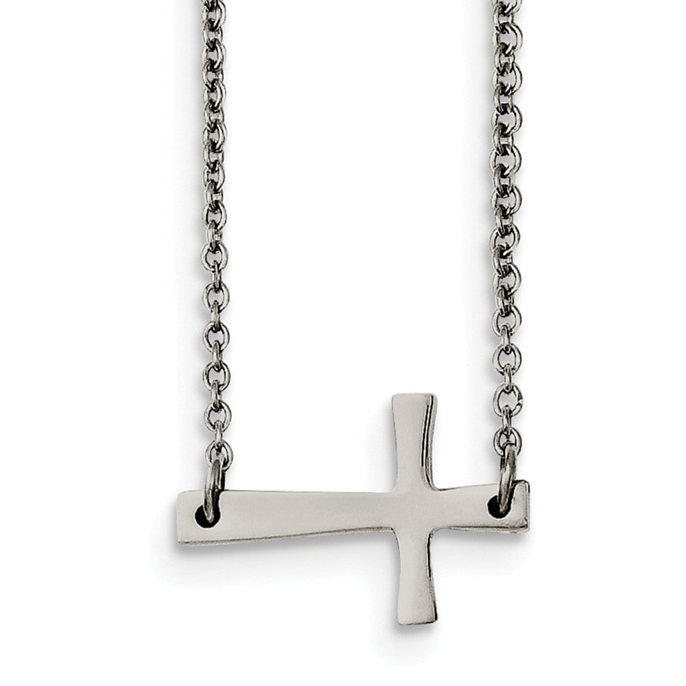 Polished Sideways Cross Necklace in Stainless Steel, 16.75 Inch, Item N10919 by The Black Bow Jewelry Co.