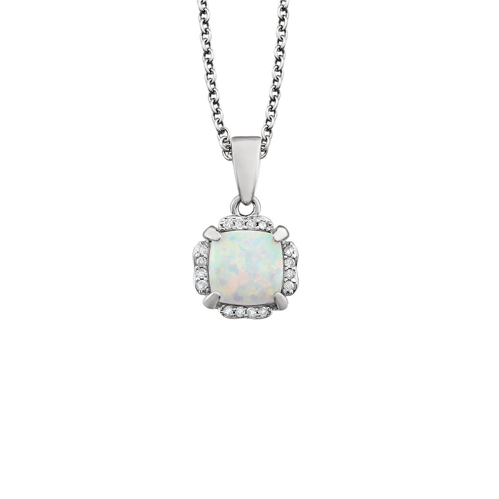 Cushion Created White Opal &amp; Diamond 14k White Gold Necklace, 18 Inch, Item N10981 by The Black Bow Jewelry Co.