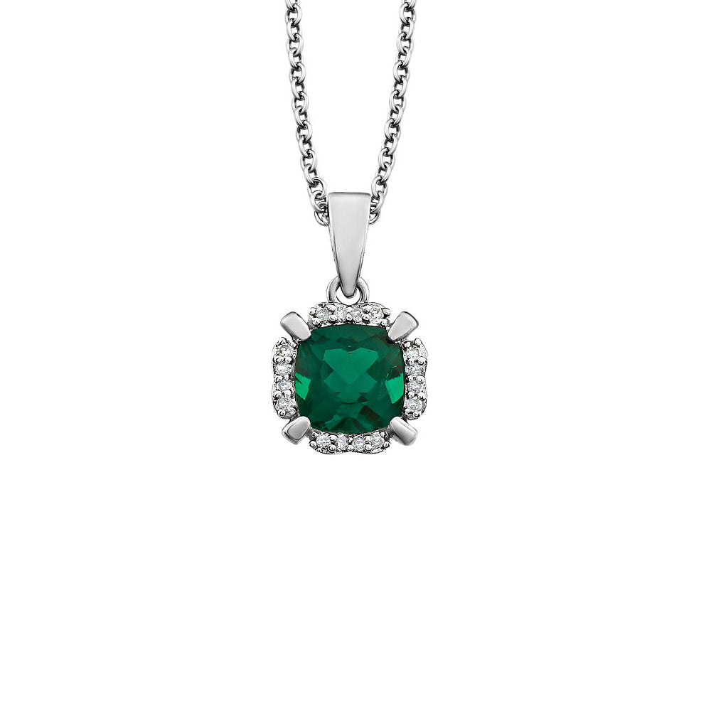 Cushion Created Emerald &amp; Diamond Necklace in 14k White Gold, 18 Inch, Item N10982 by The Black Bow Jewelry Co.