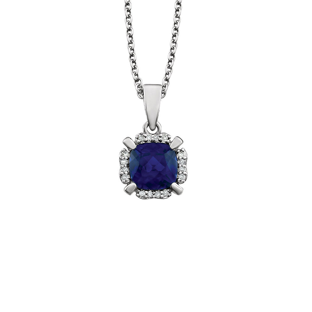 Cushion Created Sapphire &amp; Diamond Necklace in 14k White Gold, 18 Inch, Item N10984 by The Black Bow Jewelry Co.