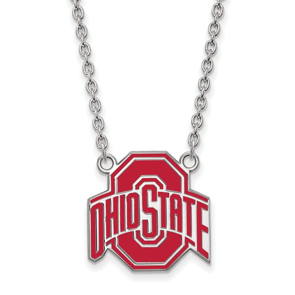 Sterling Silver Ohio State Large Enamel Logo Pendant Necklace, Item N11624 by The Black Bow Jewelry Co.