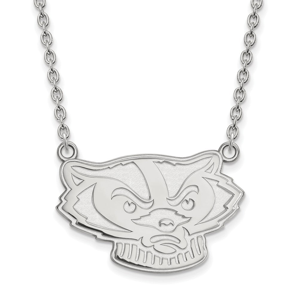 10k White Gold U of Wisconsin Large Badger Pendant Necklace, Item N11811 by The Black Bow Jewelry Co.