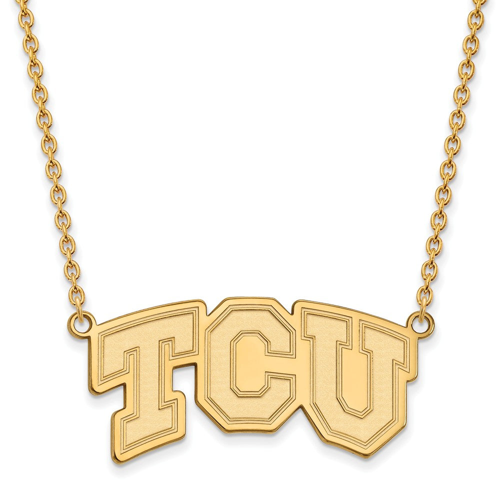 14k Gold Plated Silver Texas Christian Lg &#39;TCU&#39; Pendant Necklace, Item N12390 by The Black Bow Jewelry Co.