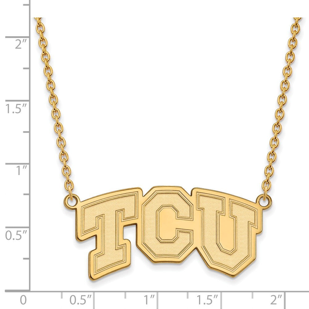 Alternate view of the 14k Gold Plated Silver Texas Christian Lg &#39;TCU&#39; Pendant Necklace by The Black Bow Jewelry Co.