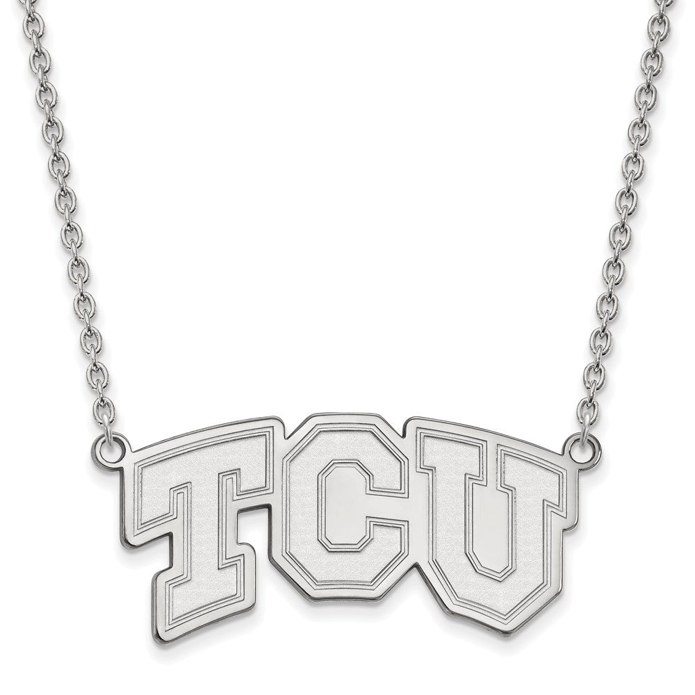 Sterling Silver Texas Christian U Large &#39;TCU&#39; Pendant Necklace, Item N12646 by The Black Bow Jewelry Co.