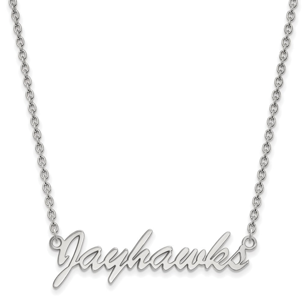 Sterling Silver U of Kansas Medium Script &#39;Jayhawks&#39; Pendant Necklace, Item N12898 by The Black Bow Jewelry Co.