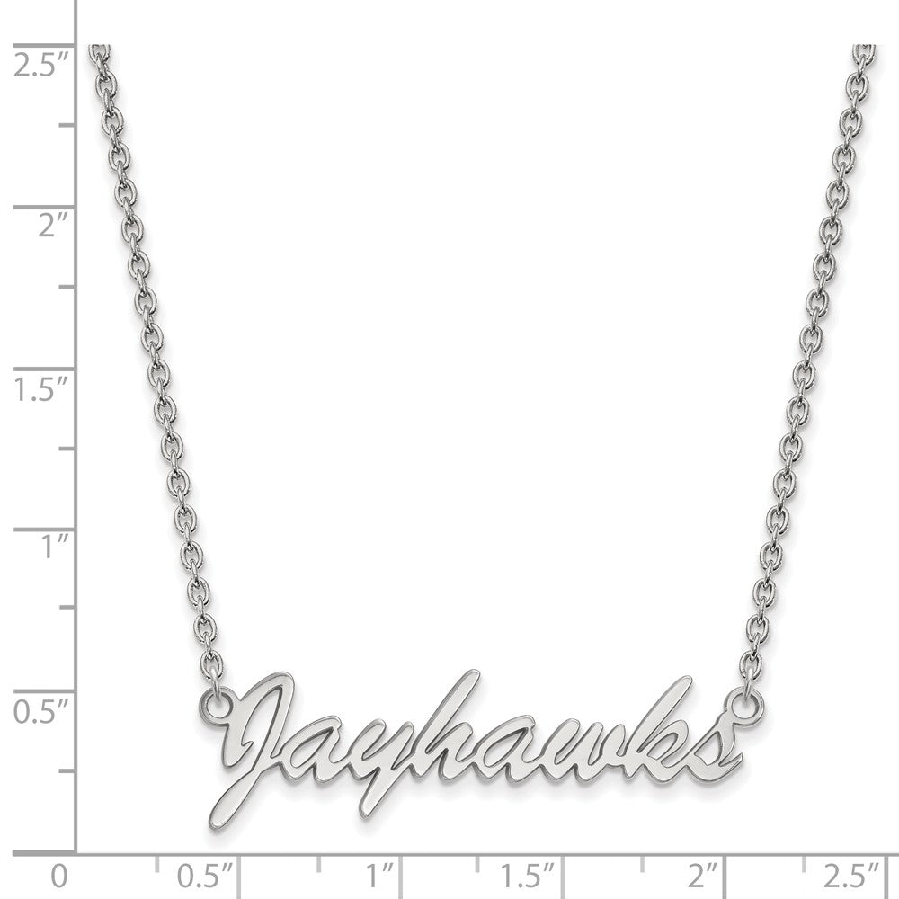 Alternate view of the Sterling Silver U of Kansas Medium Script &#39;Jayhawks&#39; Pendant Necklace by The Black Bow Jewelry Co.