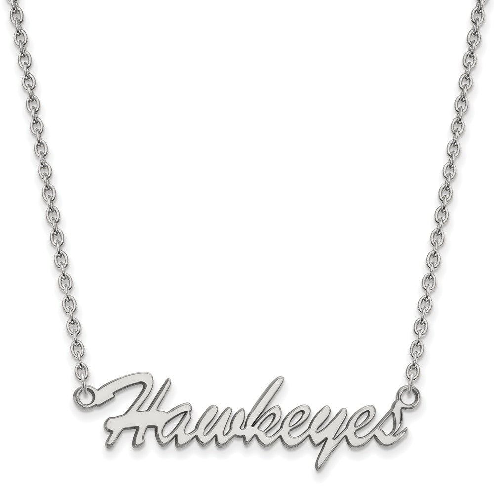 Sterling Silver U of Iowa Medium Script &#39;Hawkeyes&#39; Pendant Necklace, Item N12910 by The Black Bow Jewelry Co.
