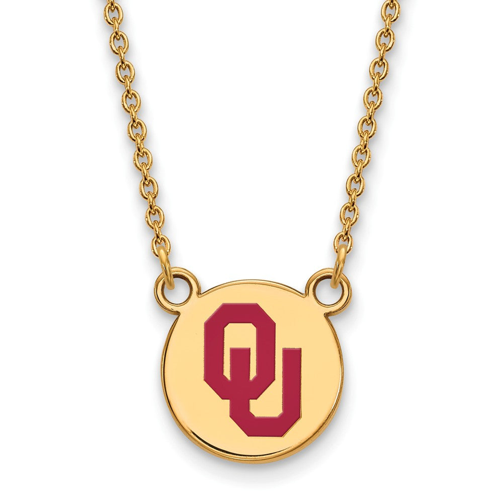 14k Gold Plated Silver Oklahoma OU Sm Enamel Disc Necklace, Item N12917 by The Black Bow Jewelry Co.
