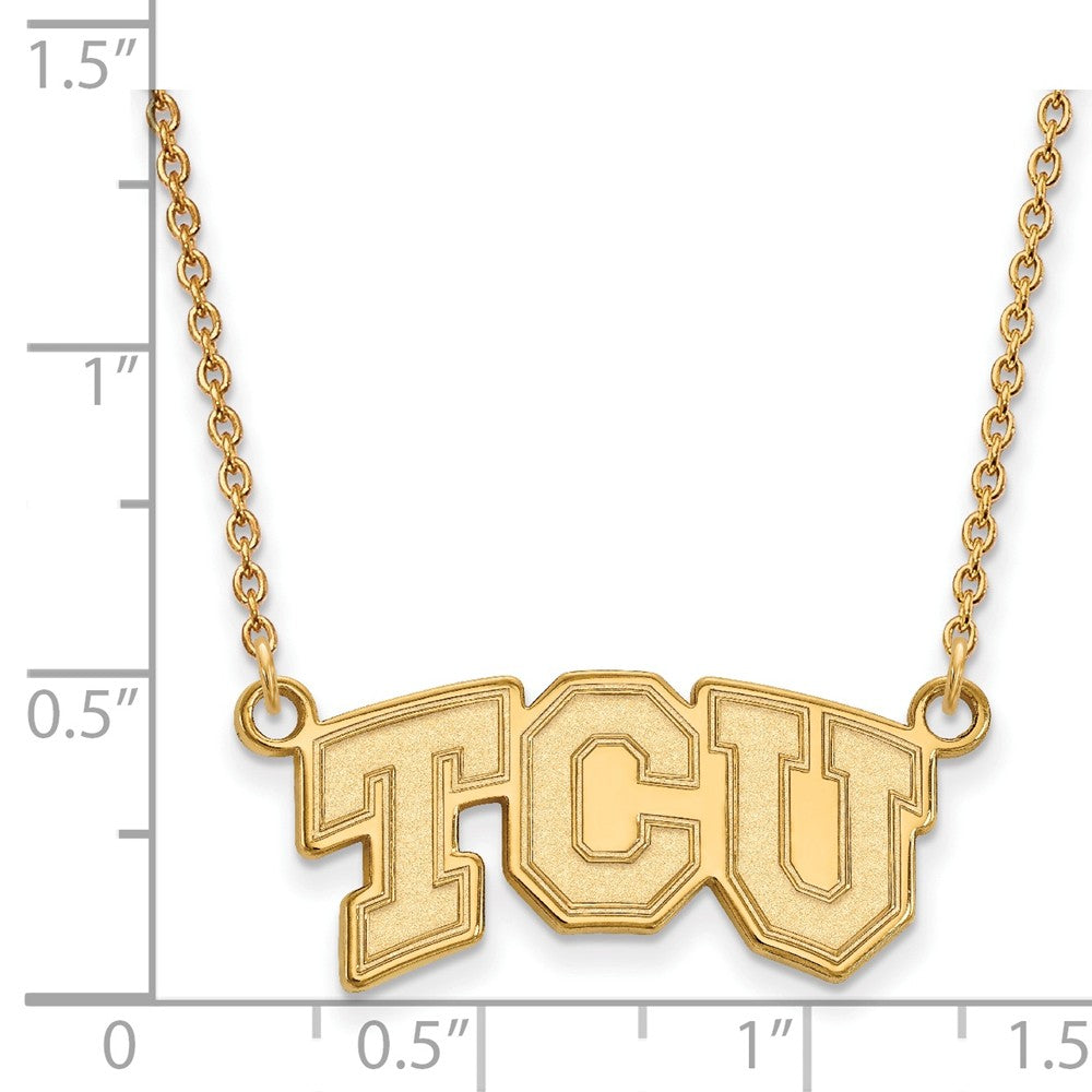 Alternate view of the 10k Yellow Gold Texas Christian U Small &#39;TCU&#39; Pendant Necklace by The Black Bow Jewelry Co.