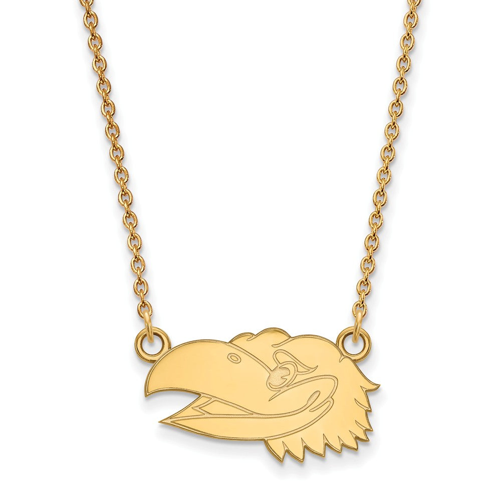 10k Yellow Gold U of Kansas Sm Jayhawk Face Pendant Necklace, Item N13244 by The Black Bow Jewelry Co.