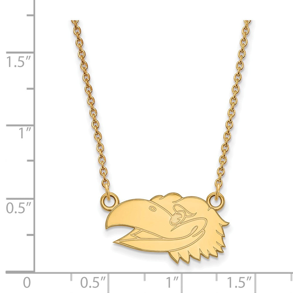 Alternate view of the 10k Yellow Gold U of Kansas Sm Jayhawk Face Pendant Necklace by The Black Bow Jewelry Co.