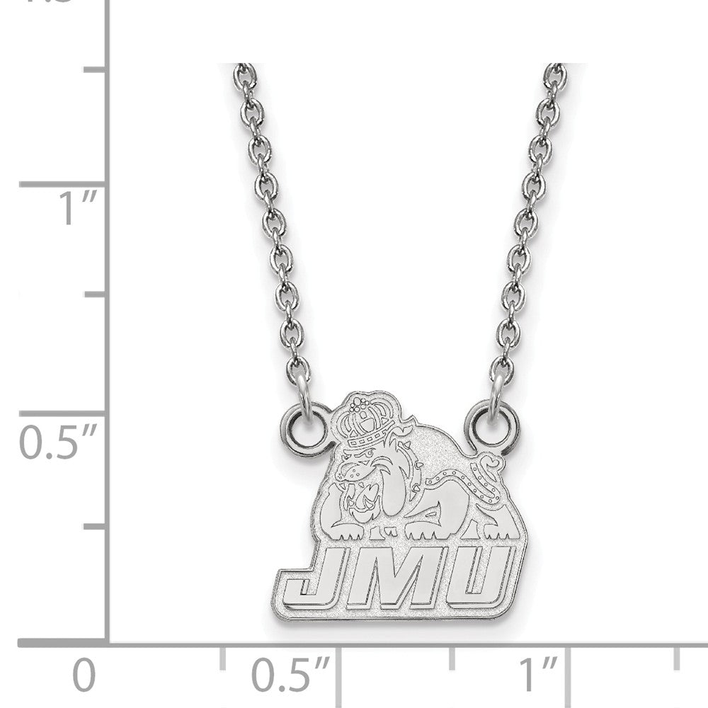 Alternate view of the 14k White Gold James Madison U Small Pendant Necklace by The Black Bow Jewelry Co.