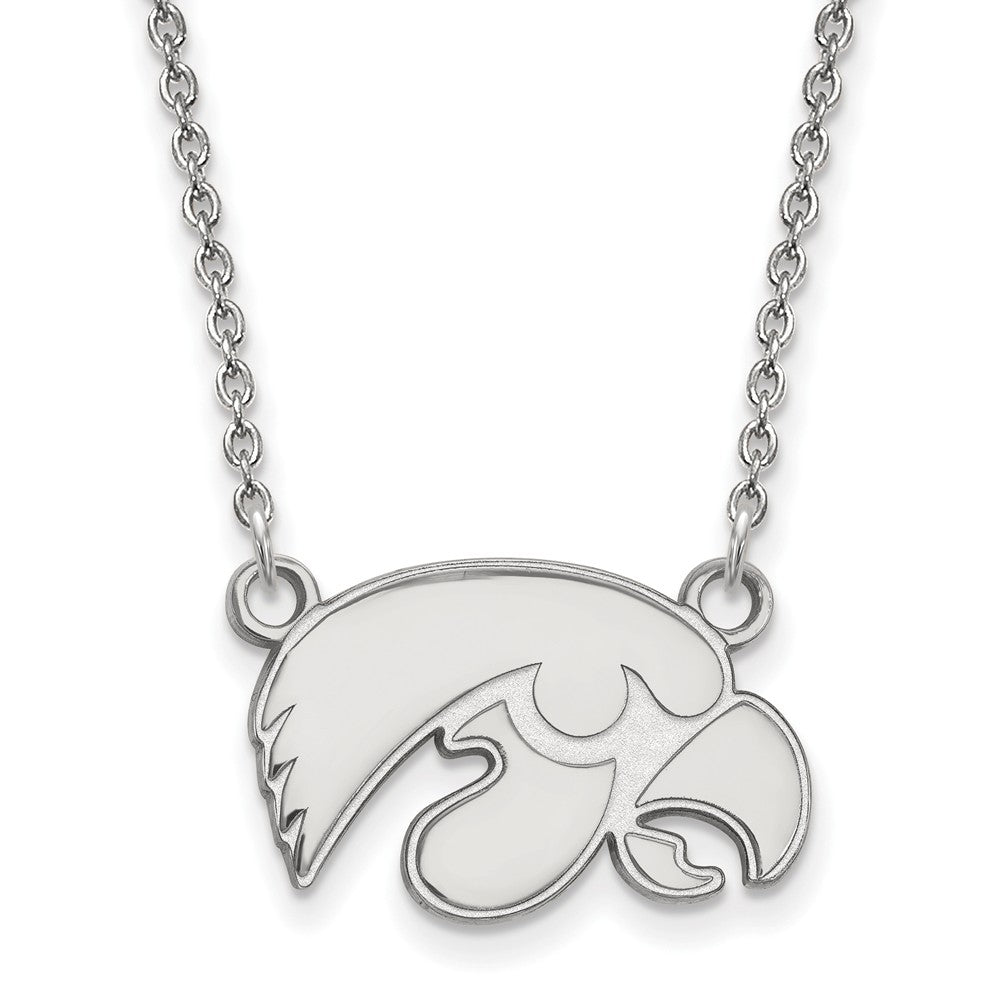 14k White Gold U of Iowa Small Hawkeye Pendant Necklace, Item N13396 by The Black Bow Jewelry Co.