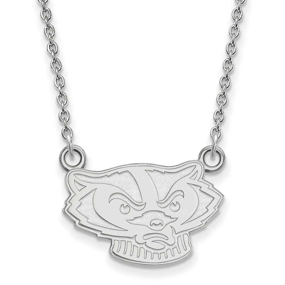 14k White Gold U of Wisconsin Small Badger Pendant Necklace, Item N13455 by The Black Bow Jewelry Co.