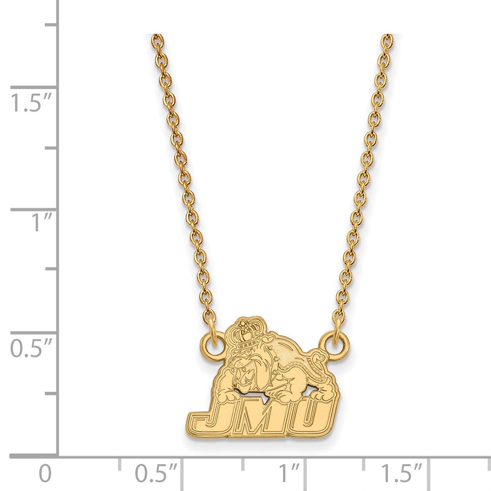Alternate view of the 14k Yellow Gold James Madison U Small Pendant Necklace by The Black Bow Jewelry Co.