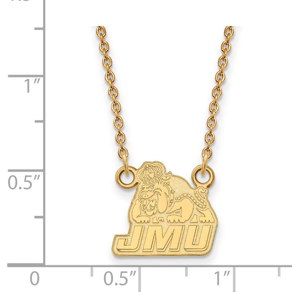 Alternate view of the 14k Yellow Gold James Madison U Small Pendant Necklace by The Black Bow Jewelry Co.