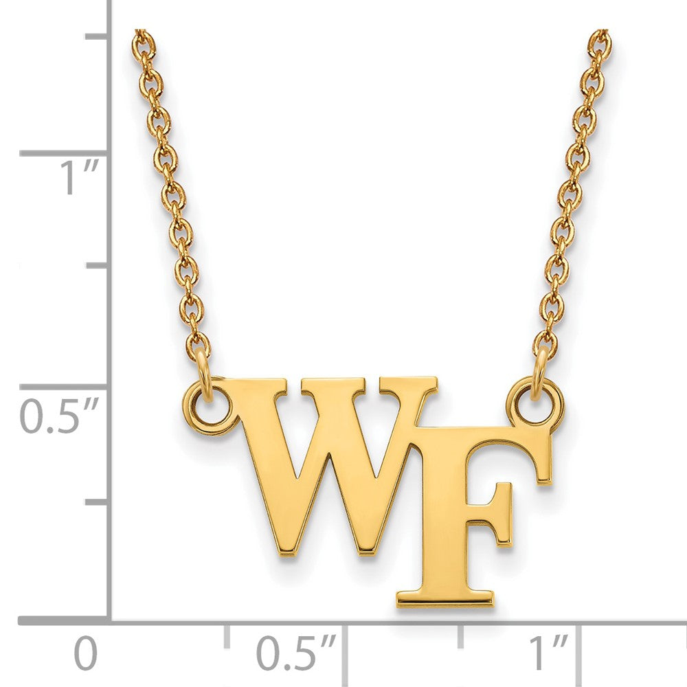 Alternate view of the 14k Yellow Gold Wake Forest U Small &#39;WF&#39; Pendant Necklace by The Black Bow Jewelry Co.