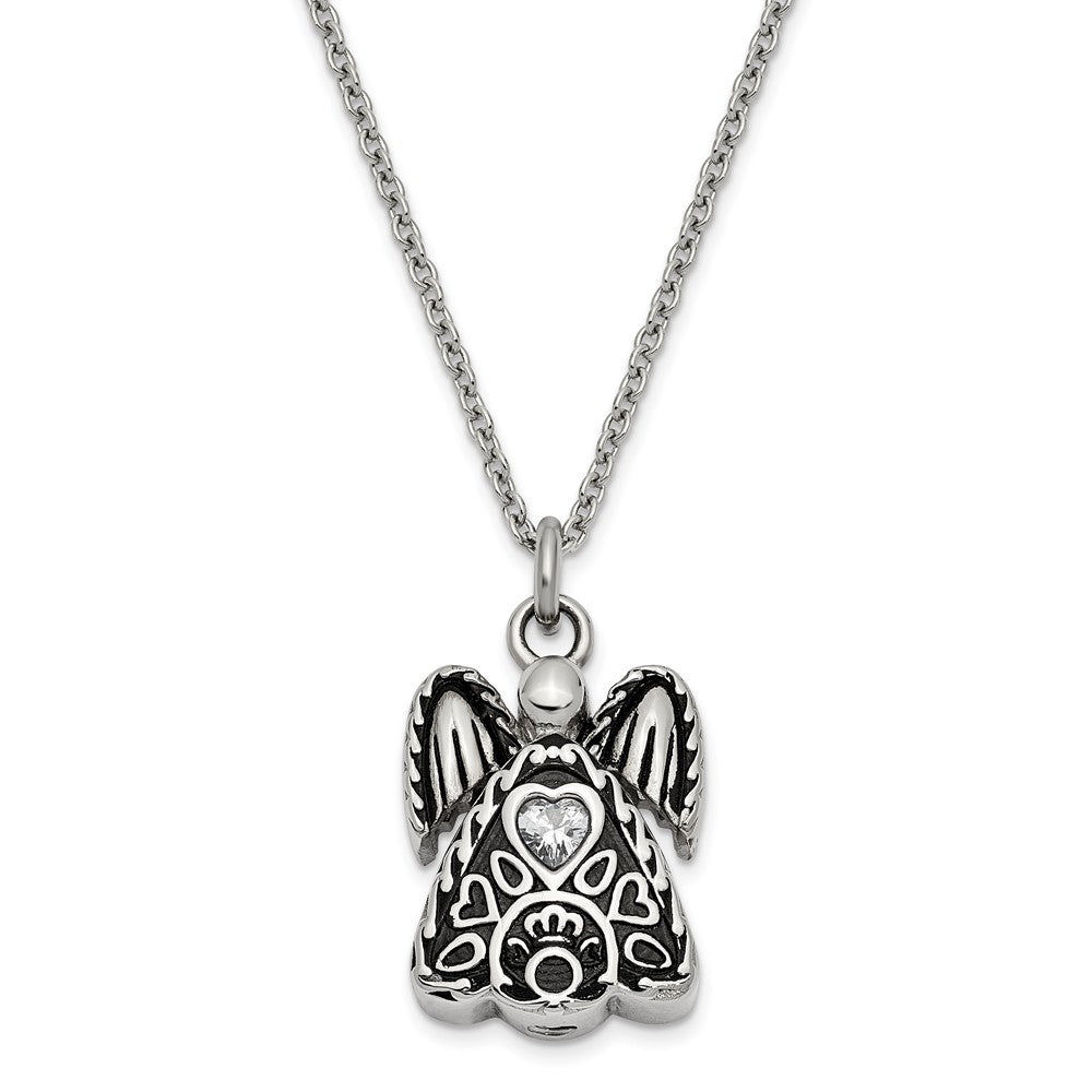 Antiqued Stainless Steel April CZ Angel Ash Holder Necklace, 18 Inch, Item N14043-Apr by The Black Bow Jewelry Co.