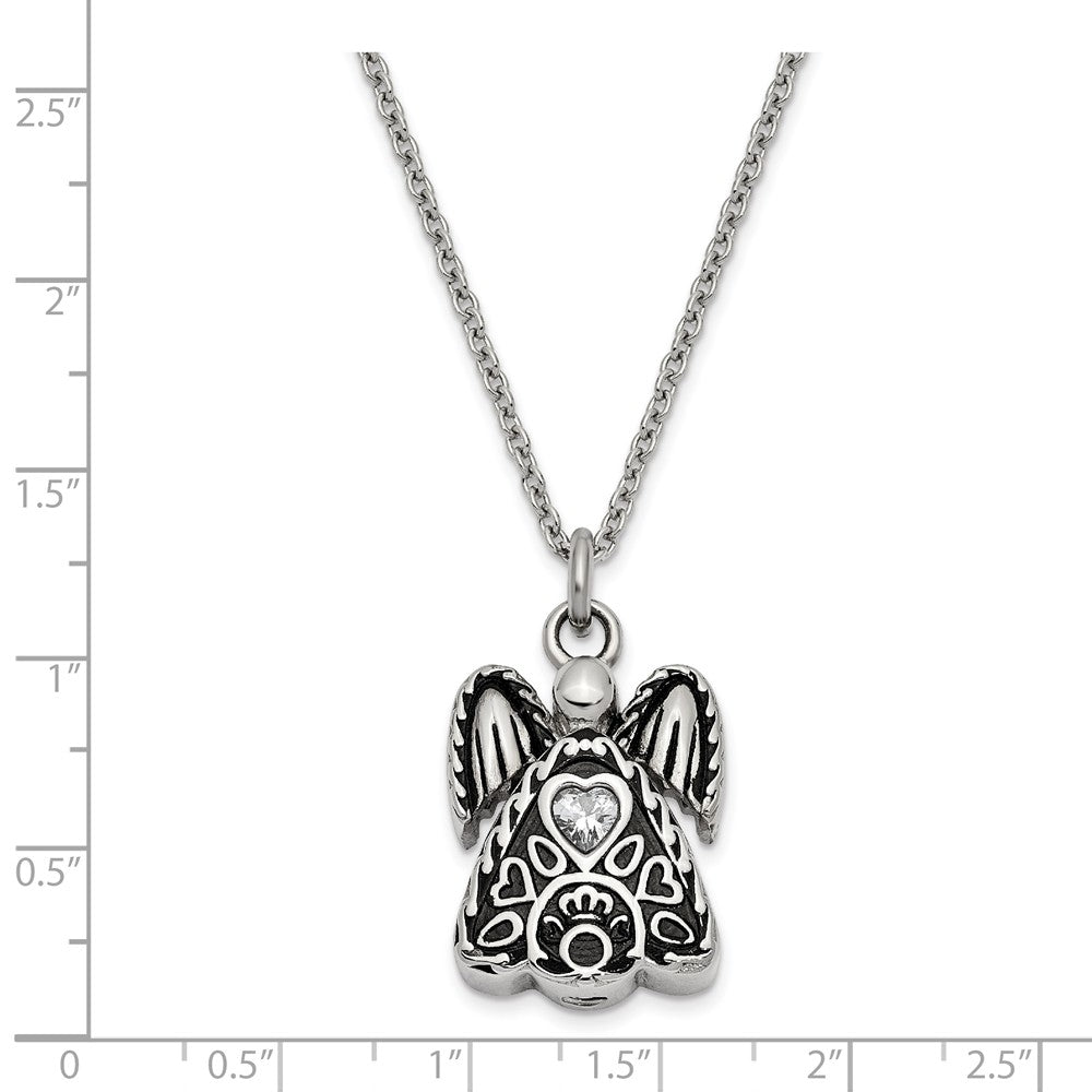 Alternate view of the Antiqued Stainless Steel April CZ Angel Ash Holder Necklace, 18 Inch by The Black Bow Jewelry Co.